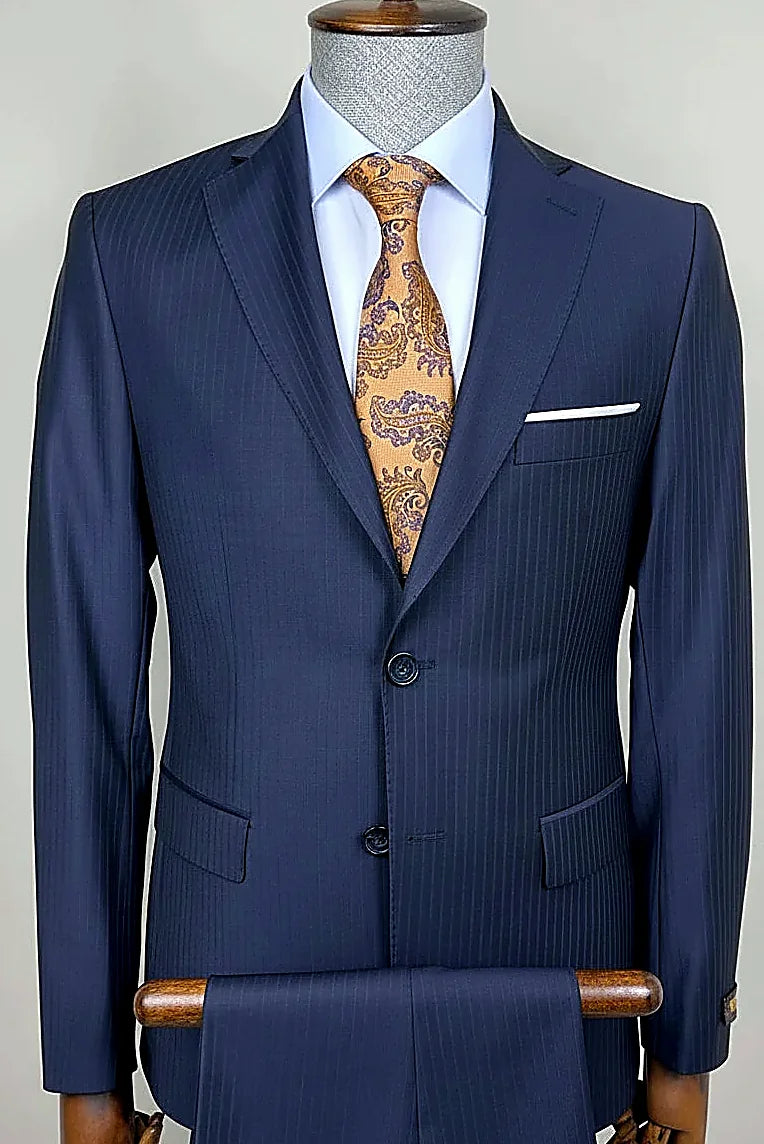 a subtle vertical pinstripe on 100% navy wool