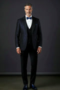 Navy Iridescent Jacquard Tuxedo — swirling organic jacquard shimmering navy over a black ground