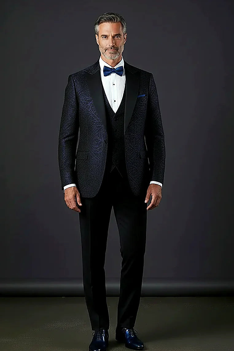 Navy Iridescent Jacquard Tuxedo — swirling organic jacquard shimmering navy over a black ground