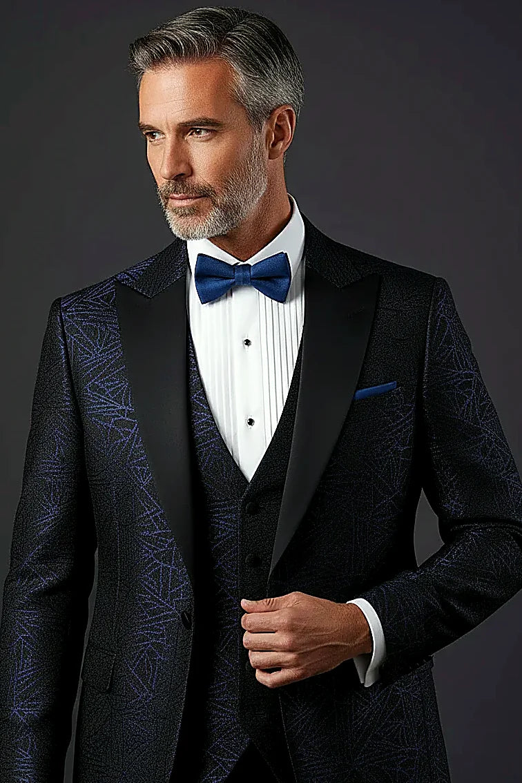 swirling organic jacquard shimmering navy over a black ground