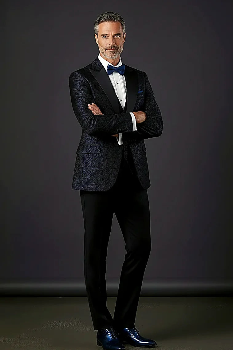 swirling organic jacquard shimmering navy over a black ground, on this navy Iridescent Jacquard Tuxedo