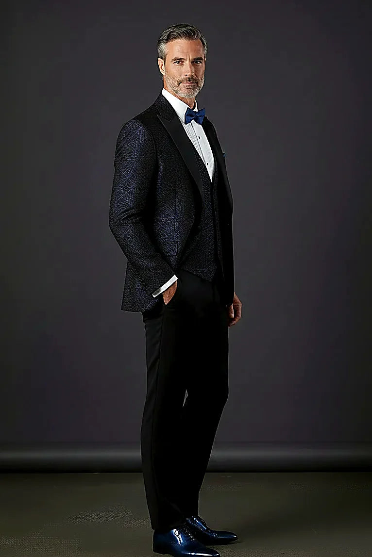 Navy Iridescent Jacquard Tuxedo showing swirling organic jacquard shimmering navy over a black ground