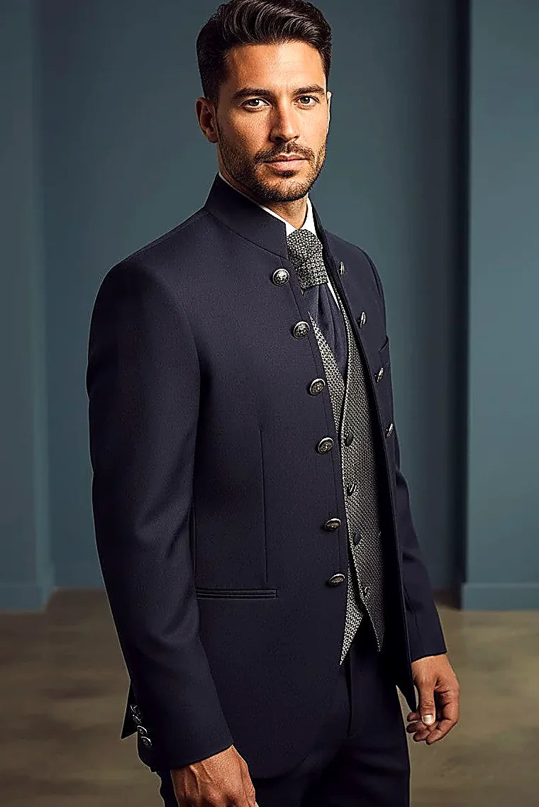 a sleek mandarin collar with a double-button front detail