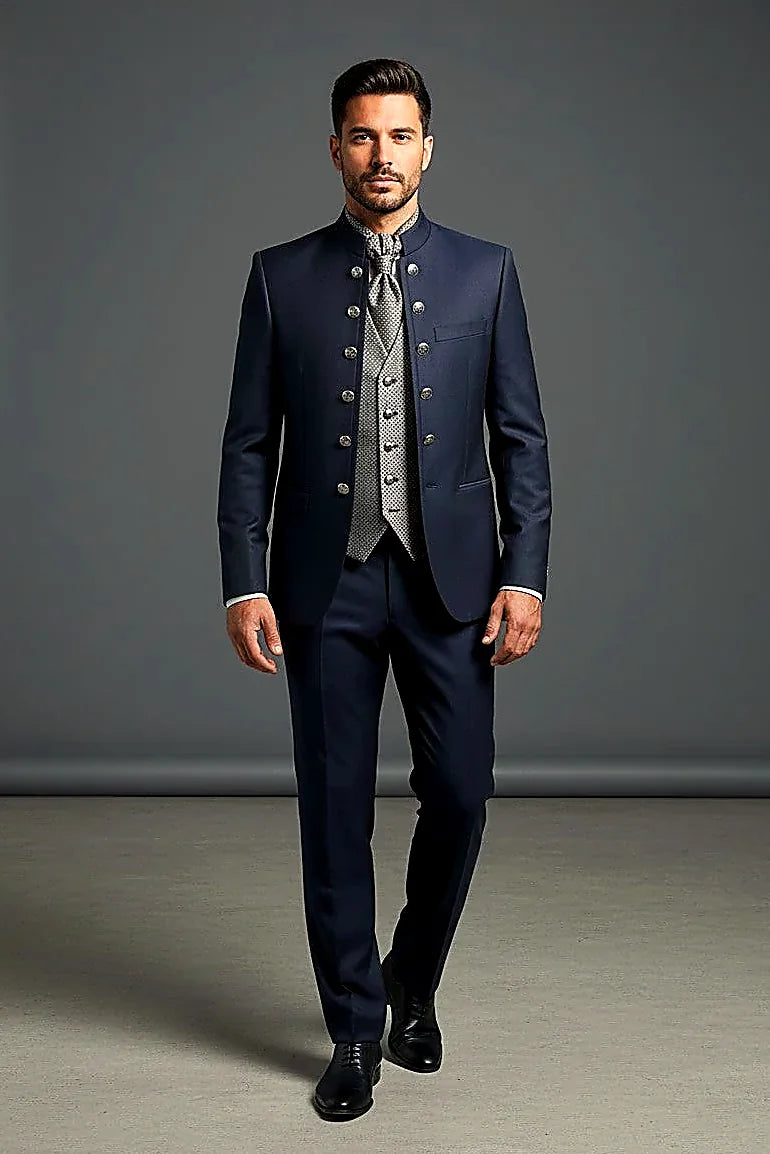 Navy Mandarin Collar Suit — a sleek mandarin collar with a double-button front detail