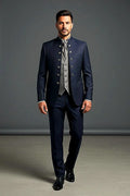 Navy Mandarin Collar Suit — a sleek mandarin collar with a double-button front detail