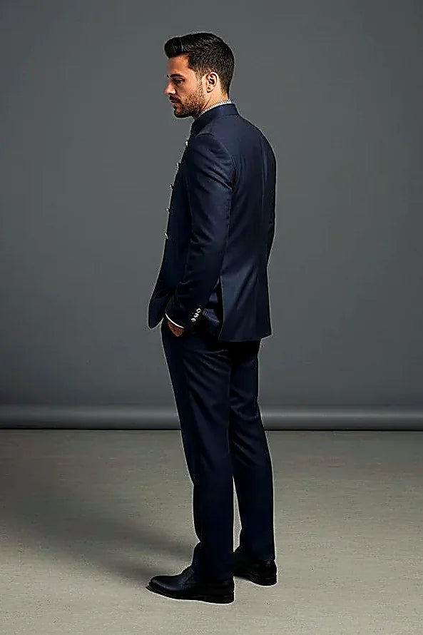 Navy Mandarin Collar Suit showing a sleek mandarin collar with a double-button front detail