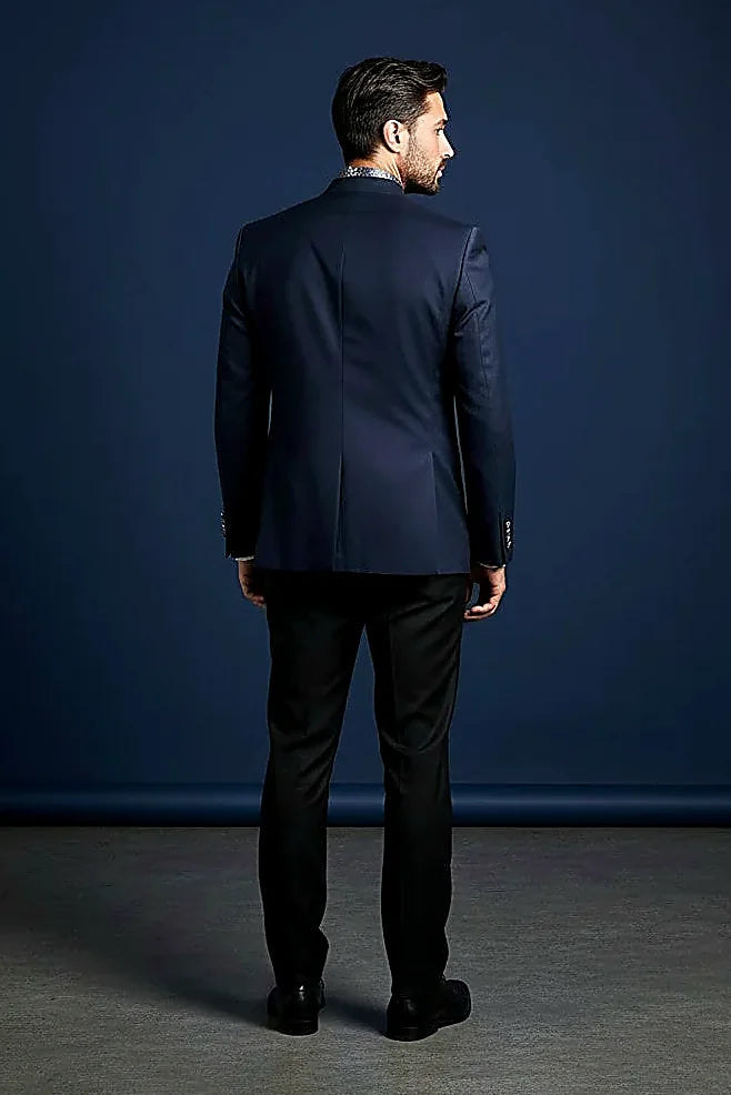 a sleek mandarin collar with a double-button front detail, on this navy Mandarin Collar Suit