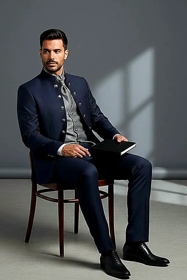 Navy Mandarin Collar Suit with Double Button Detail & Patterned Vest