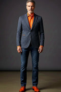 Navy Speckled Blazer with Orange Detailing — speckled navy texture lifted by subtle orange accents