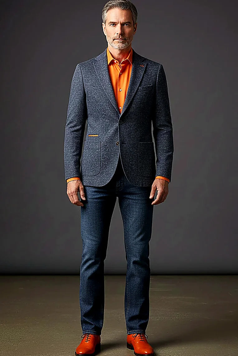 Navy Speckled Blazer with Orange Detailing — speckled navy texture lifted by subtle orange accents