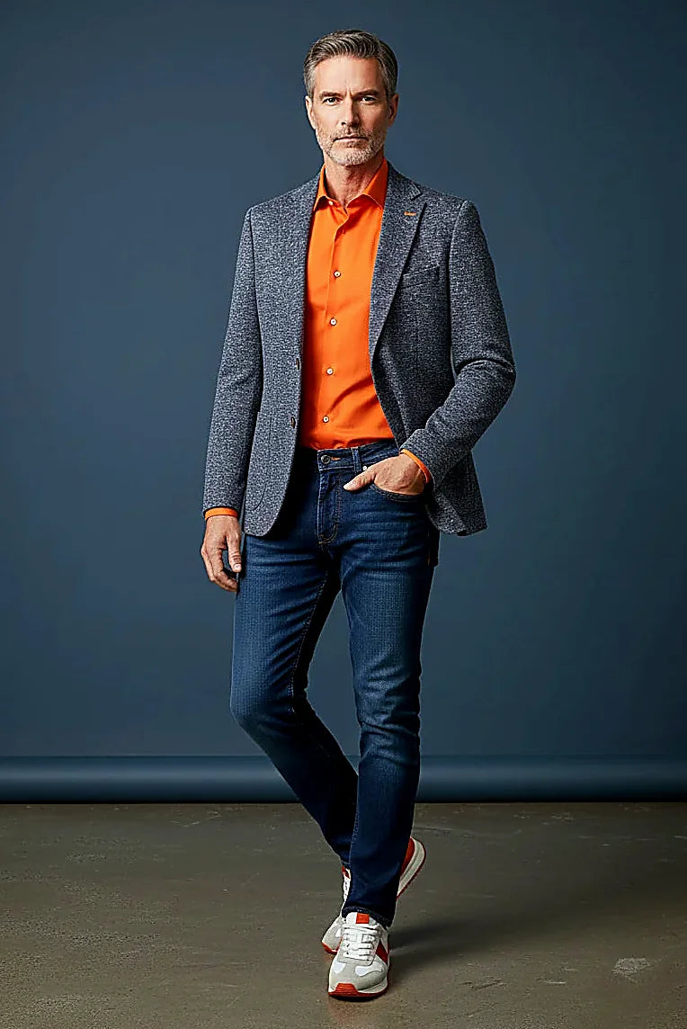 Navy Speckled Blazer with Orange Detailing showing speckled navy texture lifted by subtle orange accents