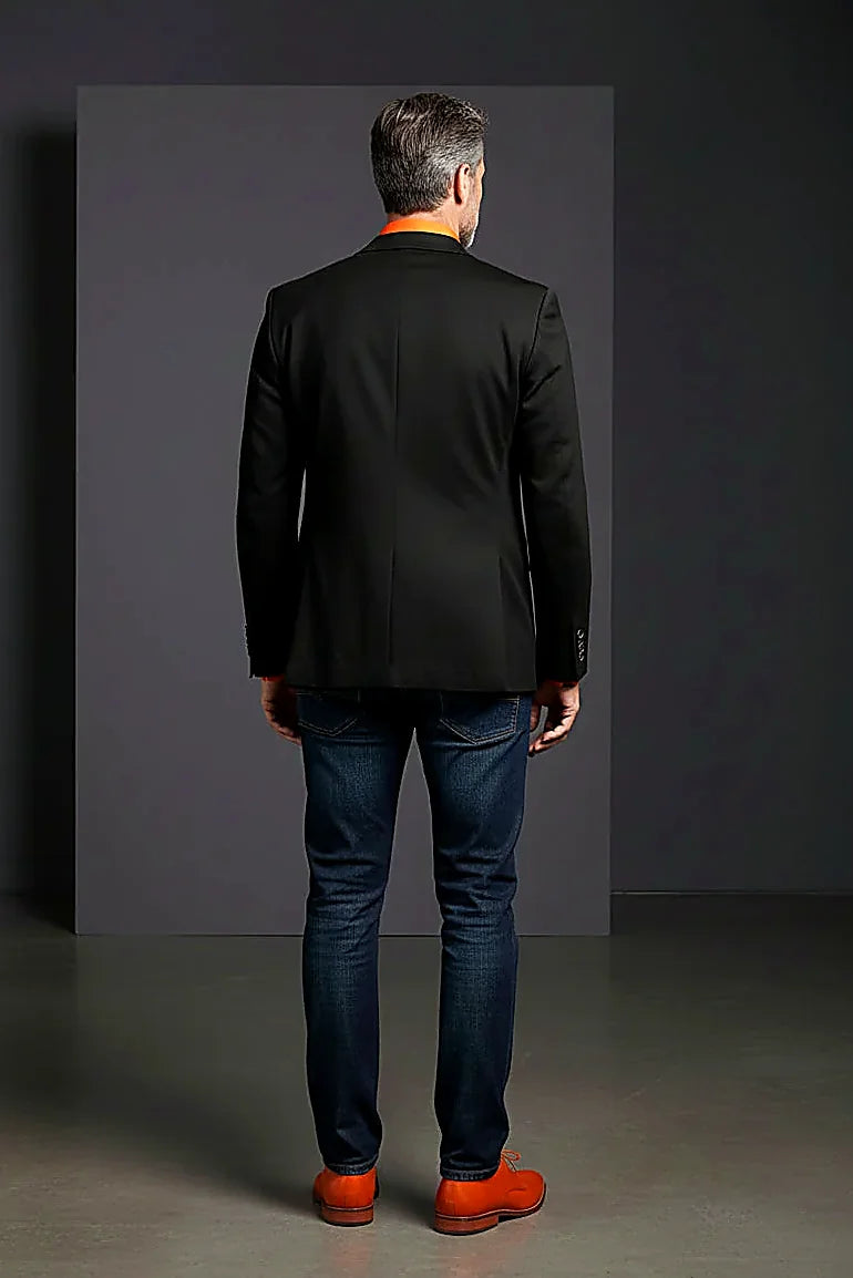 Navy Speckled Single-Breasted Blazer with Orange Detailing