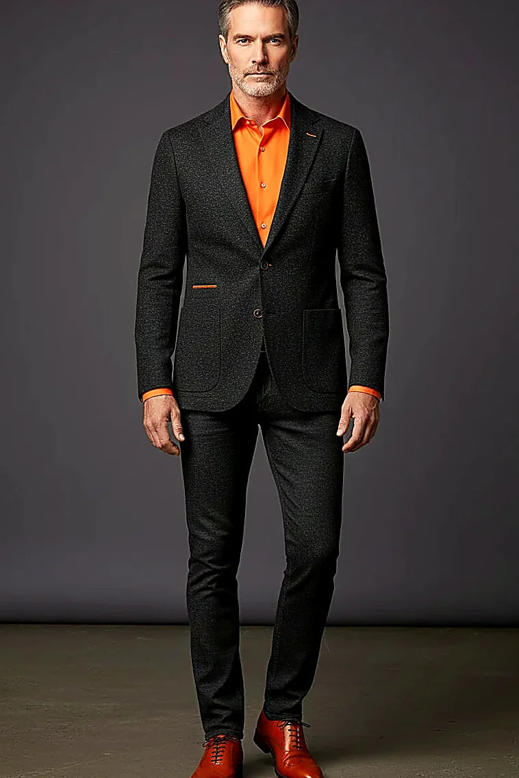 Navy Speckled Single-Breasted Blazer with Orange Detailing