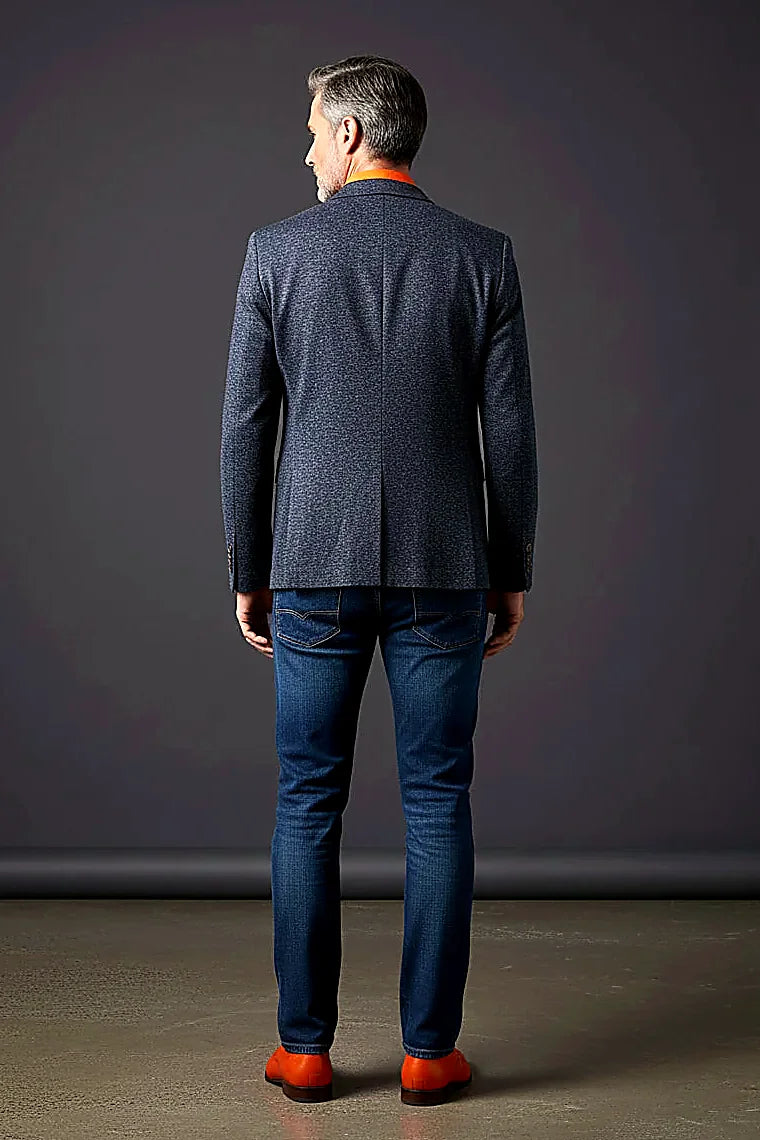 speckled navy texture lifted by subtle orange accents, on this navy Speckled Blazer with Orange Detailing