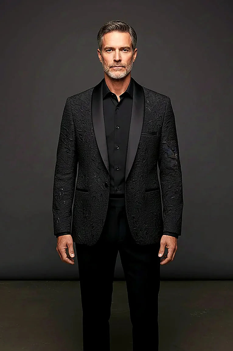 Patterned Black Tuxedo showing a distinctive pattern lifting classic black formalwear
