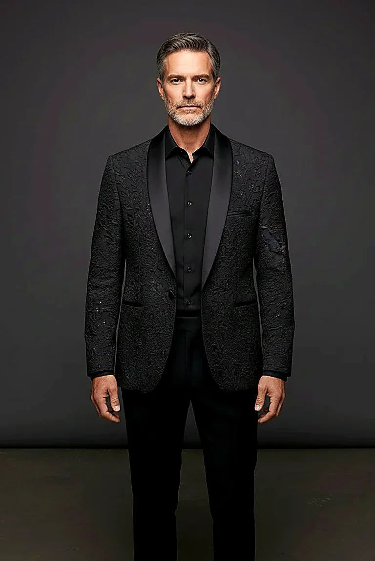 a distinctive pattern lifting classic black formalwear, on this patterned Black Tuxedo