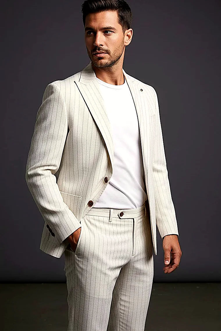 a puckered seersucker weave with tonal pinstripe and horn-finish buttons, on this ivory Seersucker Suit