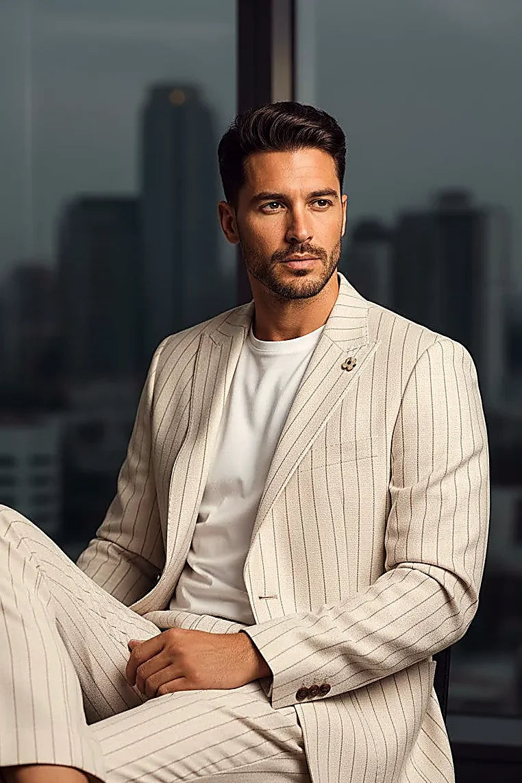 Ivory Seersucker Suit showing a puckered seersucker weave with tonal pinstripe and horn-finish buttons