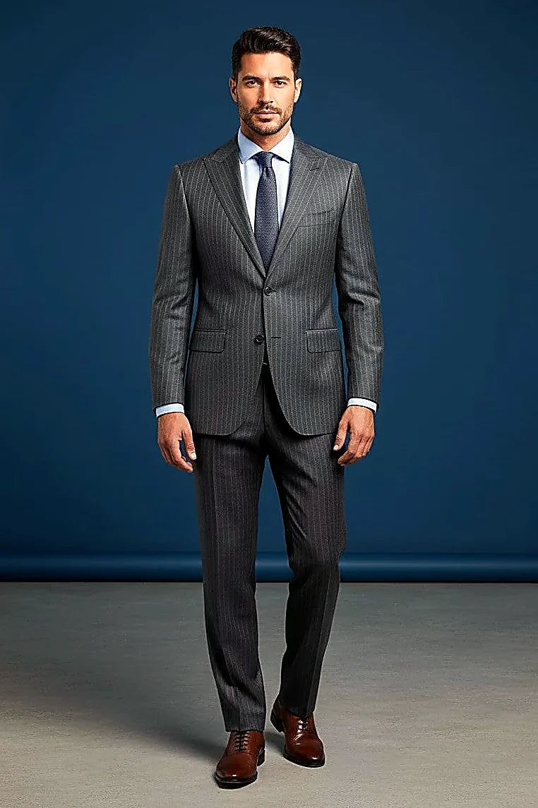 a narrow white pinstripe running through charcoal wool, on this charcoal Pinstripe Wool Suit
