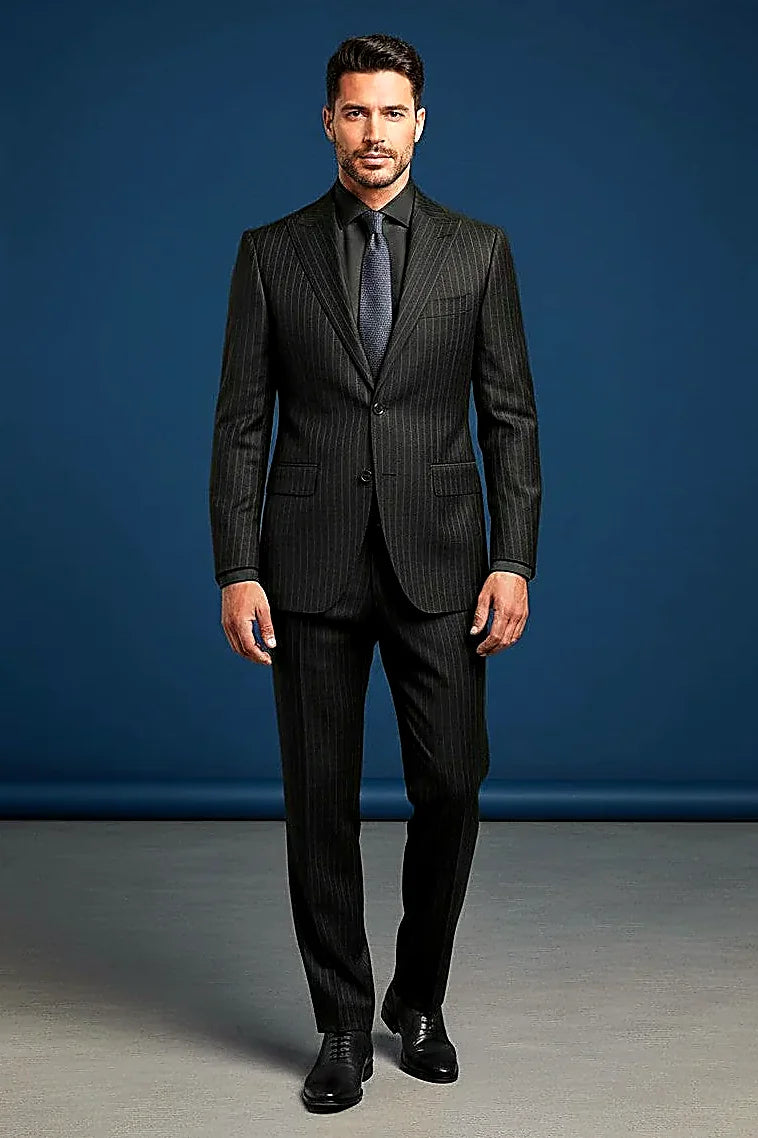 Charcoal Pinstripe Wool Suit — a narrow white pinstripe running through charcoal wool