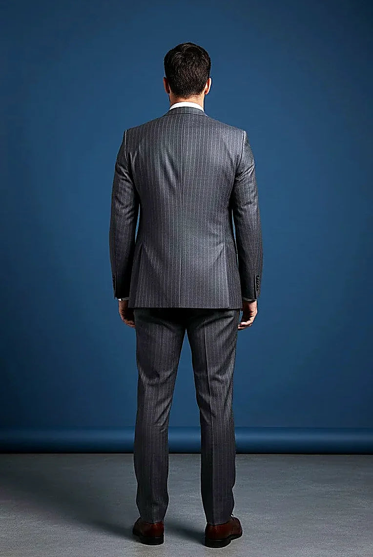 a narrow white pinstripe running through charcoal wool