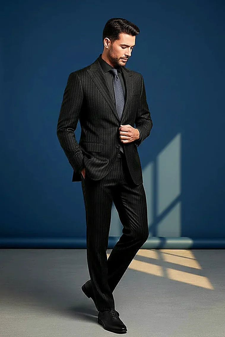 Charcoal Pinstripe Wool Suit showing a narrow white pinstripe running through charcoal wool