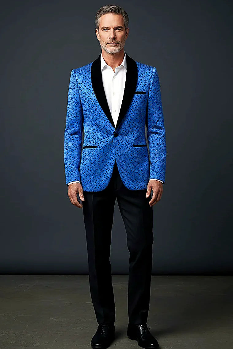 Polka-Dot Blazer with Velvet Peak Lapel — a velvet peak lapel above a playful polka-dot ground