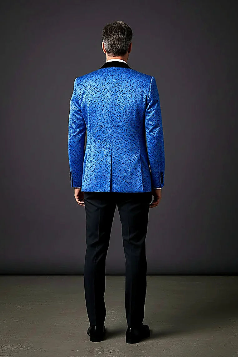 a velvet peak lapel above a playful polka-dot ground, on this polka-Dot Blazer with Velvet Peak Lapel