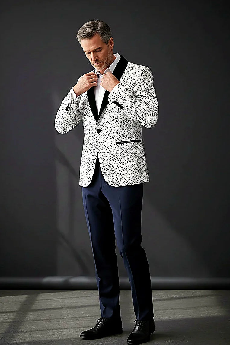 Polka-Dot Blazer with Velvet Peak Lapel showing a velvet peak lapel above a playful polka-dot ground