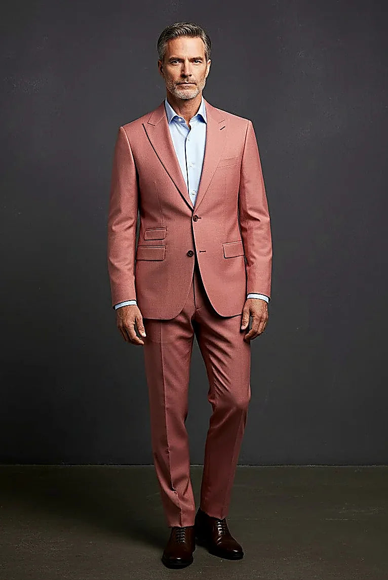 a contemporary slim silhouette in red, on this red Three-Piece Suit