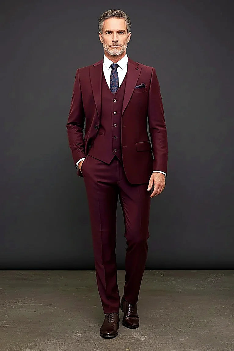 Burgundy Three-Piece Suit — an intricately patterned lining inside deep burgundy cloth