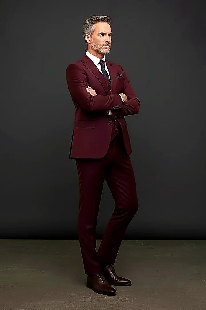 Premium Burgundy 3-Piece Men's Suit with Patterned Lining