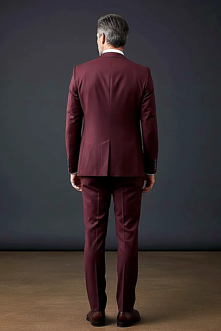 Burgundy Three-Piece Suit showing an intricately patterned lining inside deep burgundy cloth