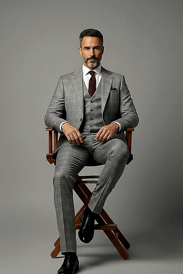 Light Grey Windowpane Three-Piece Suit showing a white windowpane check on a light grey ground