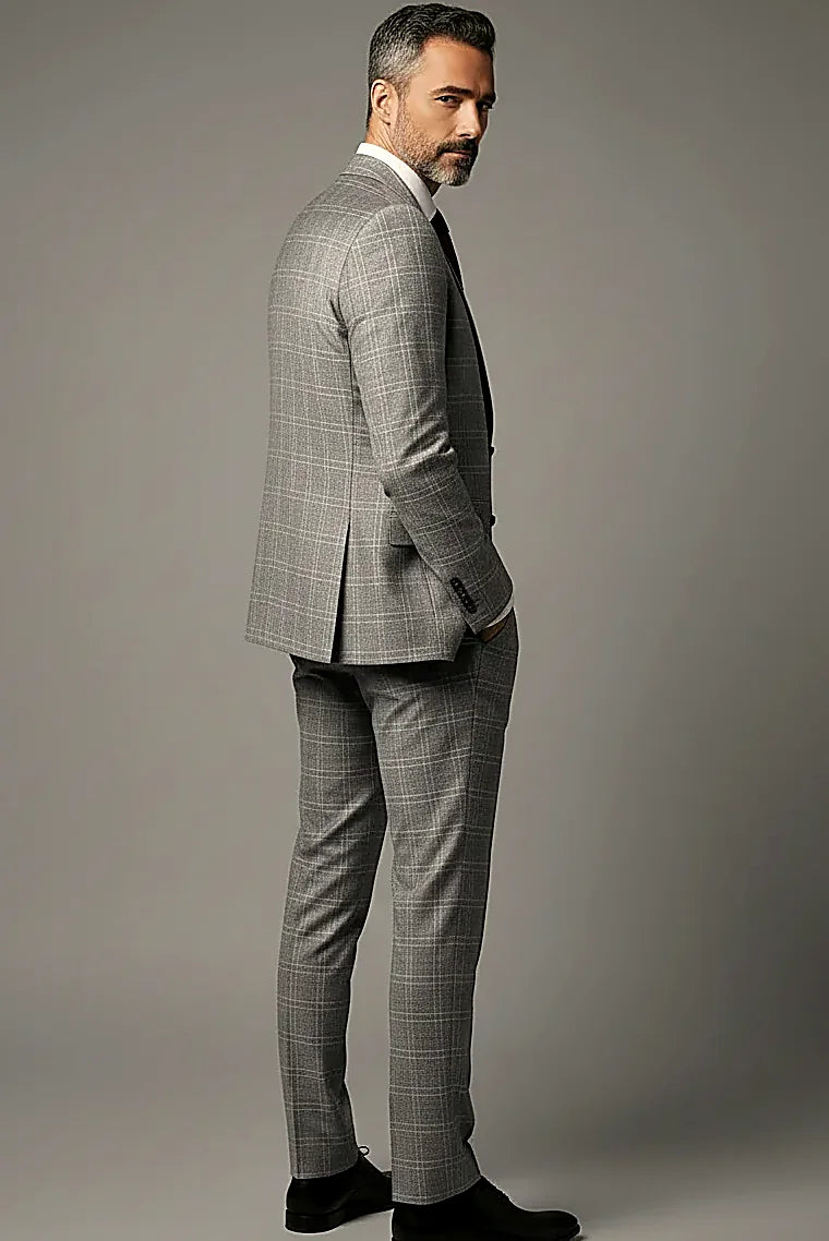 a white windowpane check on a light grey ground