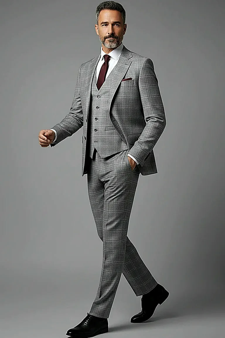 a white windowpane check on a light grey ground, on this light Grey Windowpane Three-Piece Suit