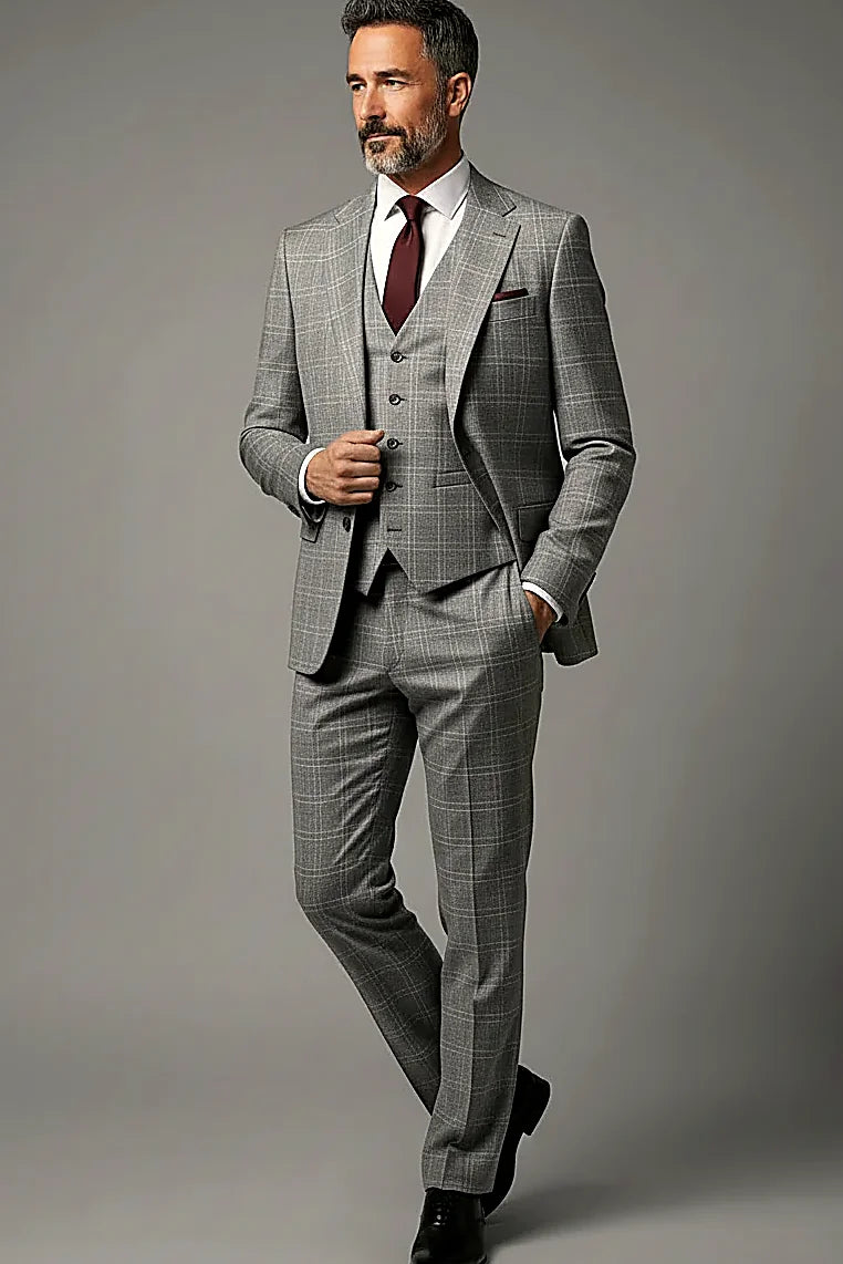 Light Grey Windowpane Three-Piece Suit — a white windowpane check on a light grey ground
