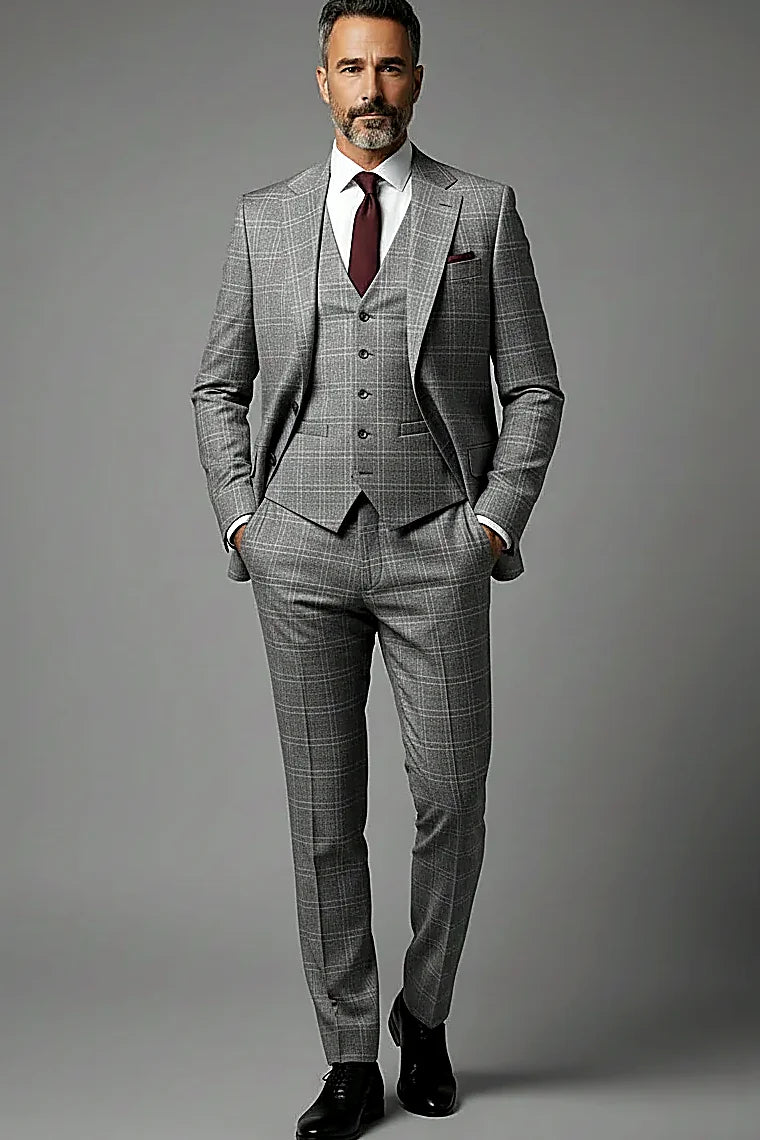 Premium Grey Windowpane Plaid Three-Piece Suit
