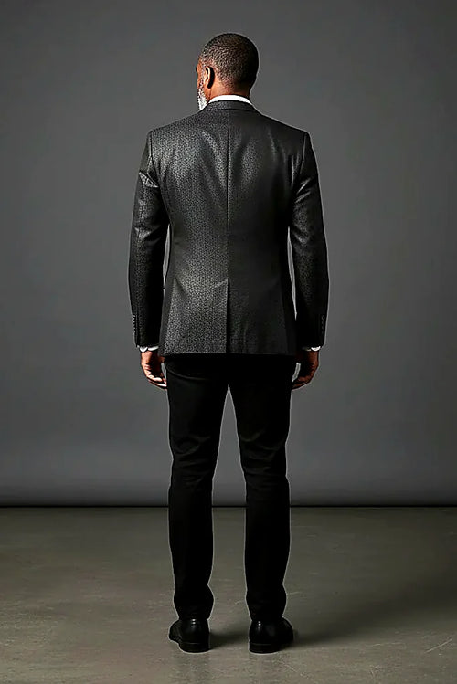 a subtle pattern adding depth to a tailored black jacket, on this black Patterned Blazer