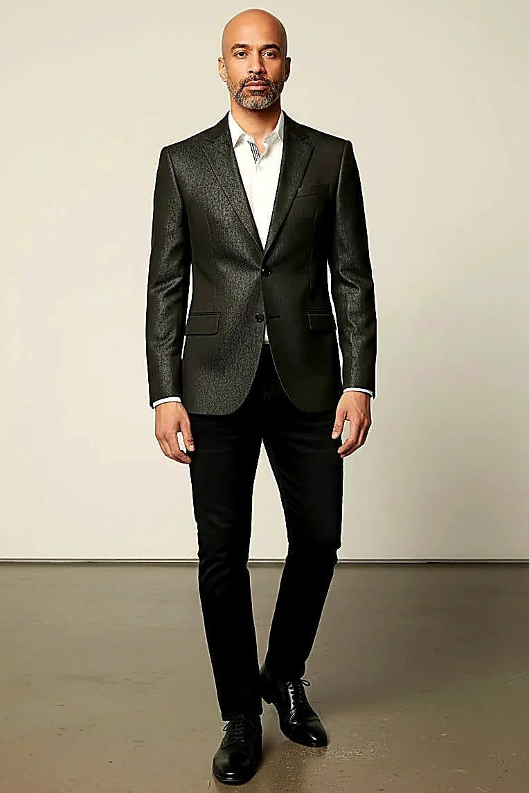 a subtle pattern adding depth to a tailored black jacket
