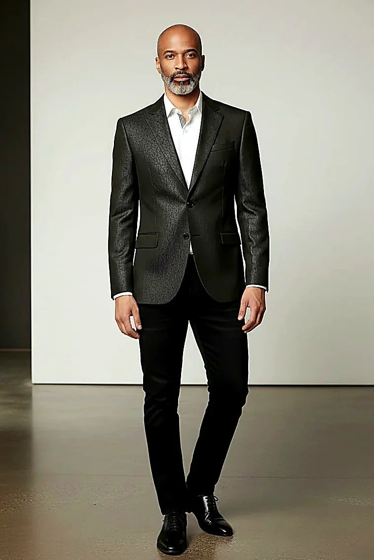 Black Patterned Blazer showing a subtle pattern adding depth to a tailored black jacket