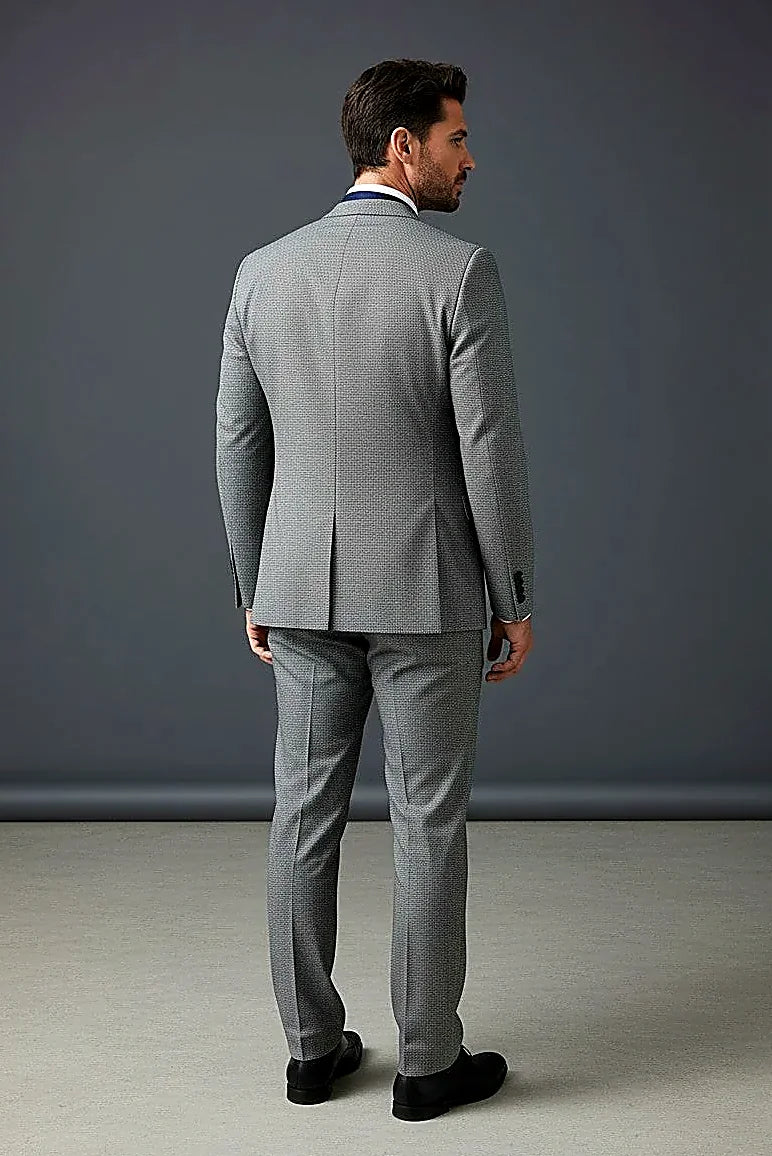 Grey-Blue Micro-Pattern Suit Blazer showing a distinctive micro-dot texture in a grey-blue colorway