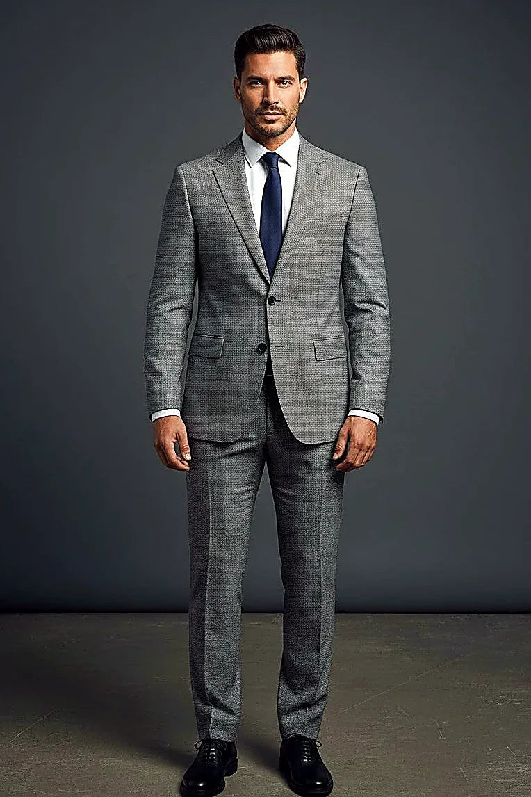 Grey-Blue Micro-Pattern Suit Blazer — a distinctive micro-dot texture in a grey-blue colorway
