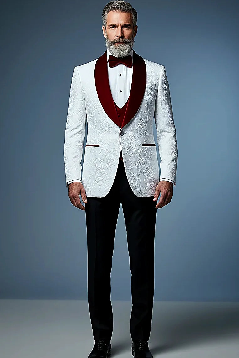 a raised floral design beside velvet lapels and pocket trims