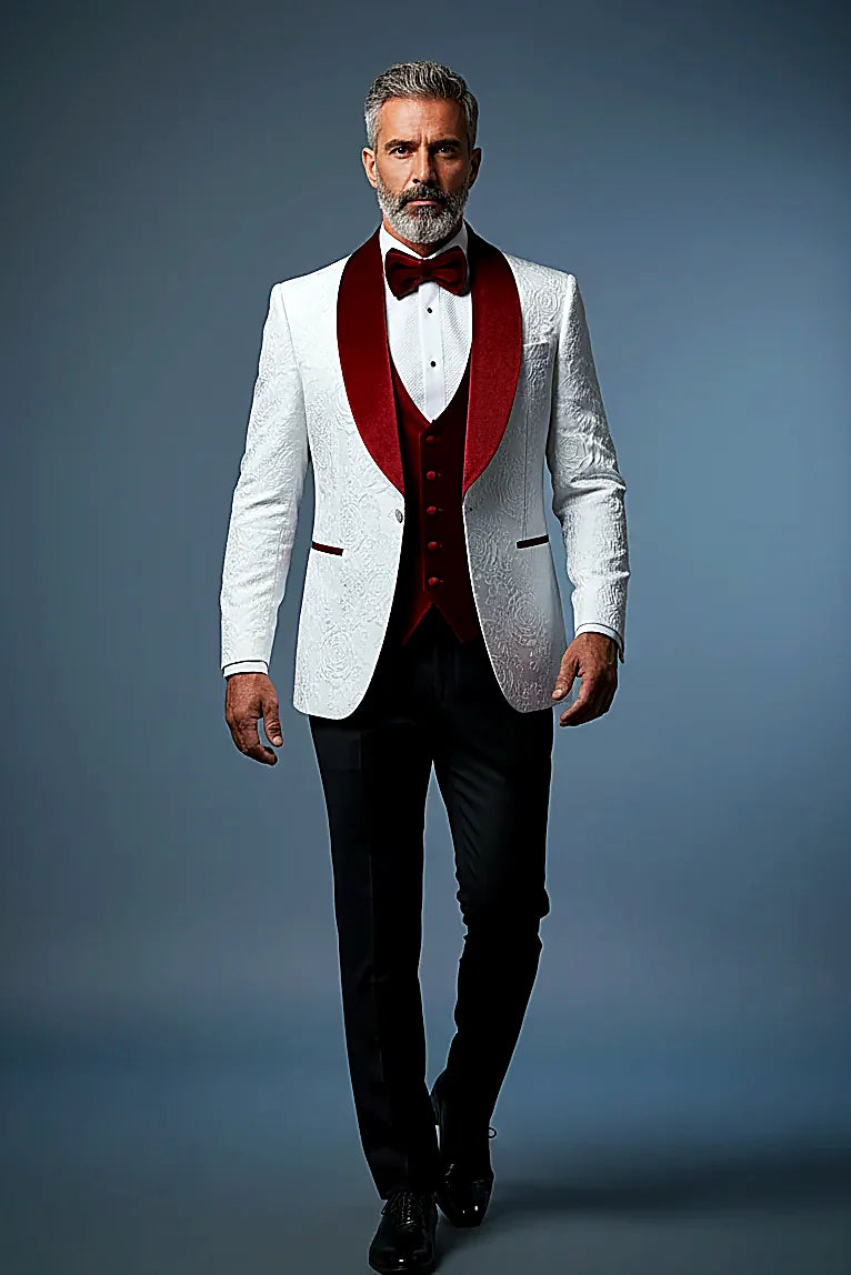 Floral Raised-Design Tuxedo — a raised floral design beside velvet lapels and pocket trims