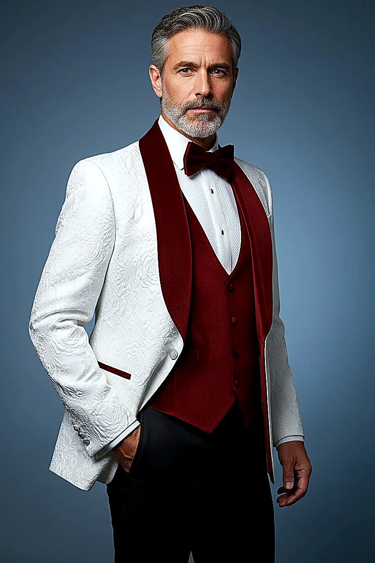 Floral Raised-Design Tuxedo showing a raised floral design beside velvet lapels and pocket trims