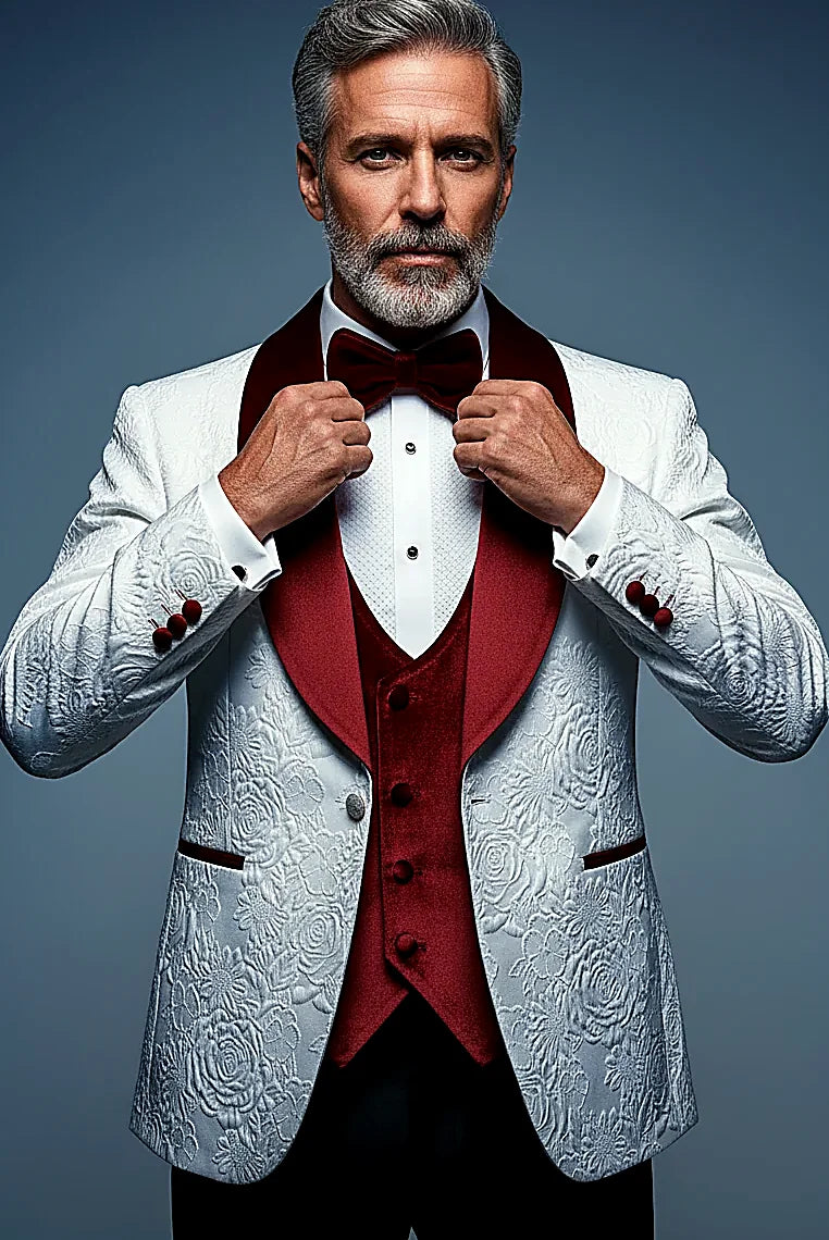 a raised floral design beside velvet lapels and pocket trims, on this floral Raised-Design Tuxedo