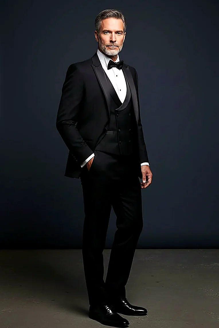 a sleek satin peak lapel with a double-breasted vest, on this black Tuxedo Three-Piece