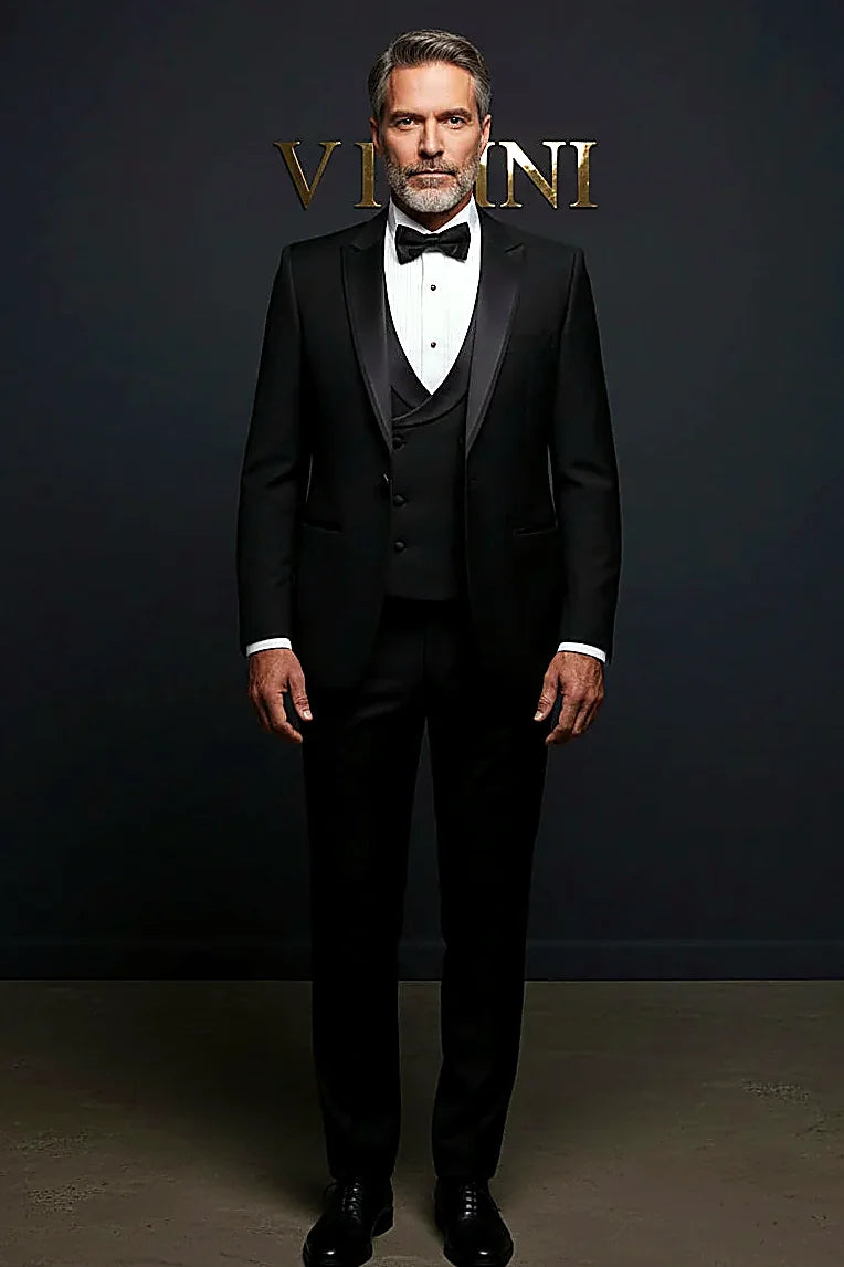Black Tuxedo Three-Piece — a sleek satin peak lapel with a double-breasted vest