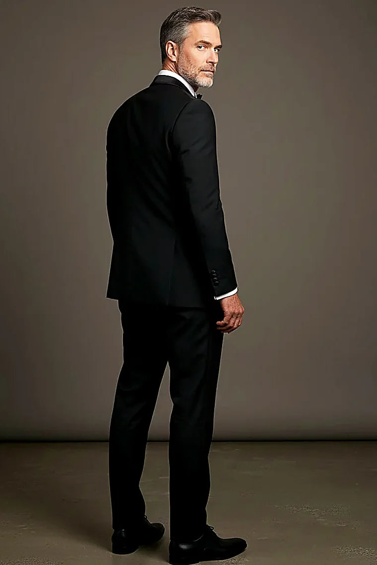 Black Tuxedo Three-Piece showing a sleek satin peak lapel with a double-breasted vest